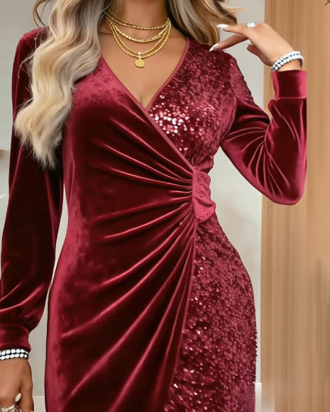 Elegant Sequins Design Long Sleeve Party Dress Women Sexy V Neck Bodycon Dresses For Women Evening Dress Christmas Clothes - Top Sales💳💵