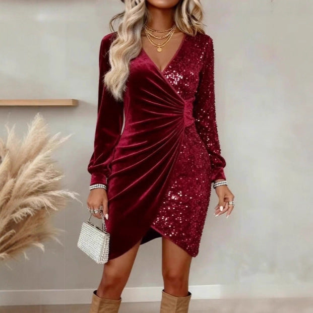 Elegant Sequins Design Long Sleeve Party Dress Women Sexy V Neck Bodycon Dresses For Women Evening Dress Christmas Clothes - Top Sales💳💵