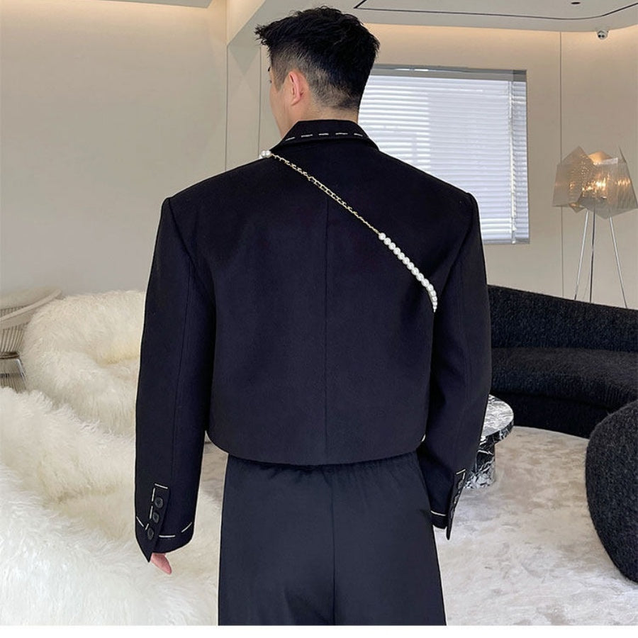 Men's Black Short Suit Jacket With Distinctive Hand-Stitched Detailing - Top Sales💳💵