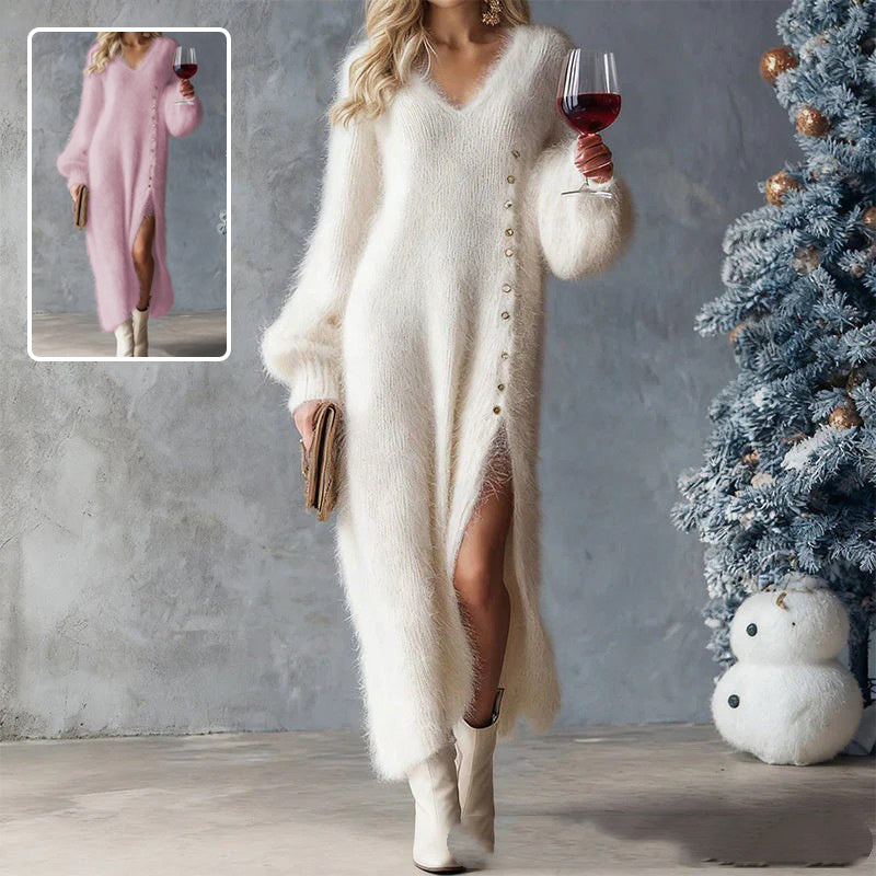 Chic Split Knitted Dress With Buttons Design Winter V-Neck Fleece Maxi Dresses Evening Party Club Fashion Women's Clothing - Top Sales💳💵