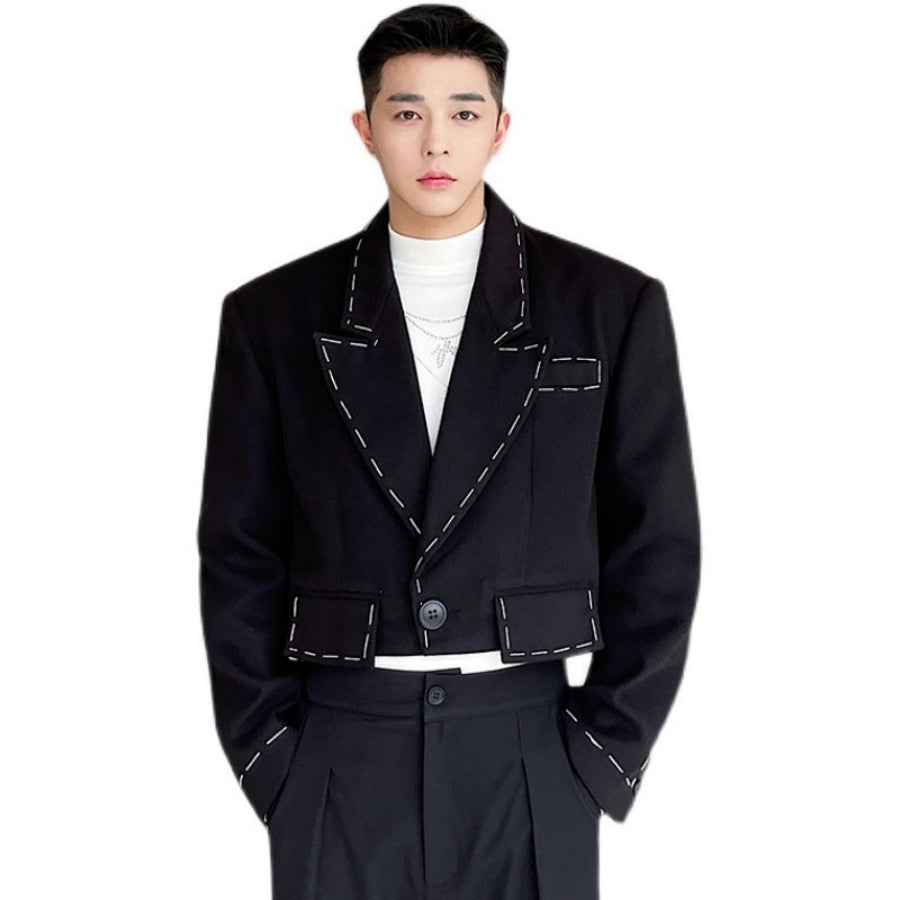Men's Black Short Suit Jacket With Distinctive Hand-Stitched Detailing - Top Sales💳💵