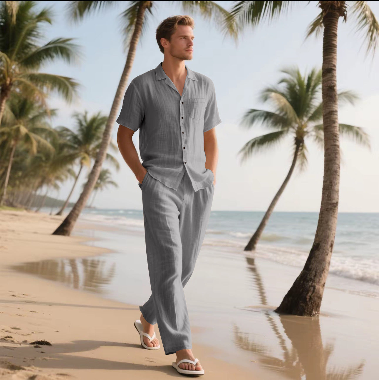 Casual And Comfortable Button Polo Short Sleeve Trousers Beach Suit - Top Sales💳💵