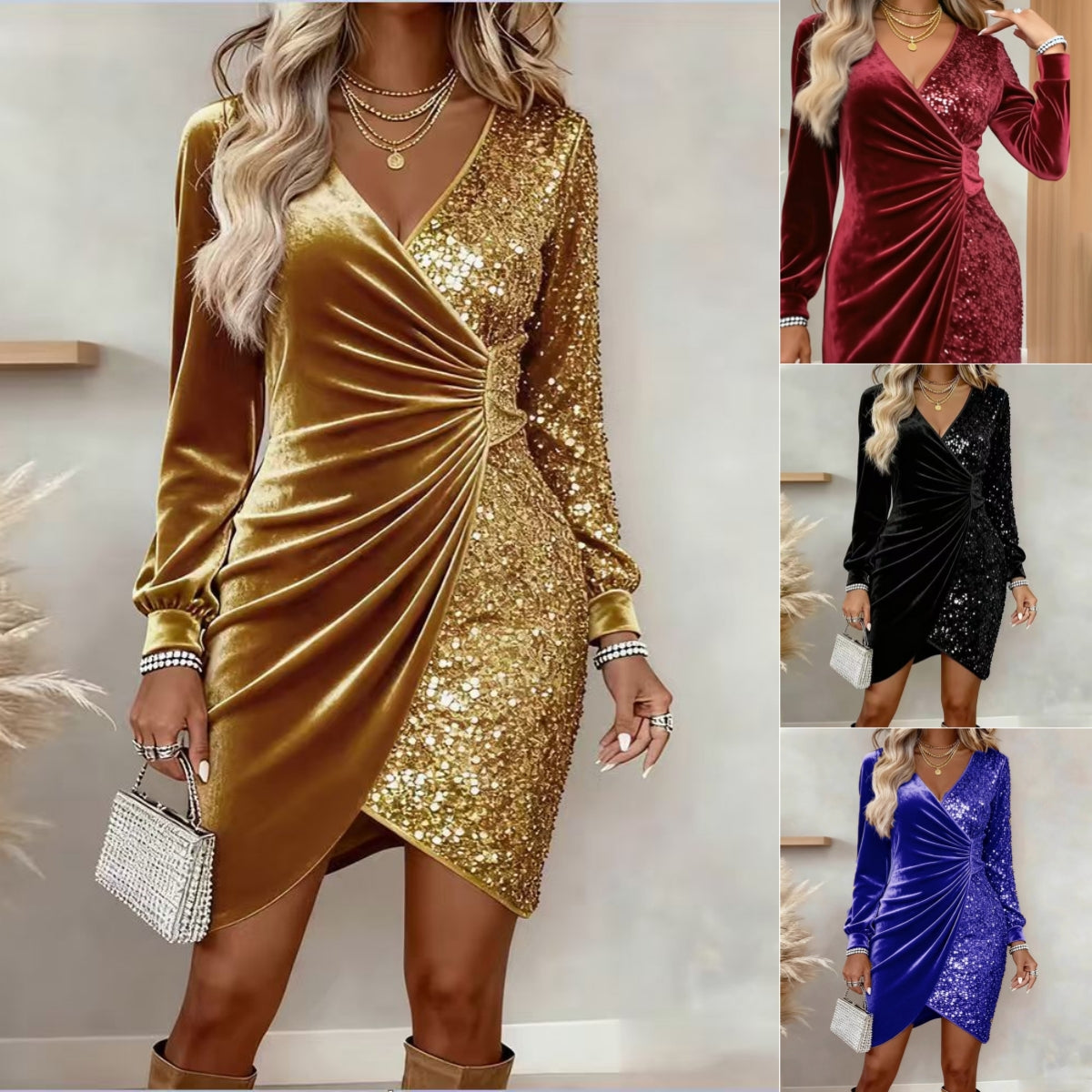 Elegant Sequins Design Long Sleeve Party Dress Women Sexy V Neck Bodycon Dresses For Women Evening Dress Christmas Clothes - Top Sales💳💵