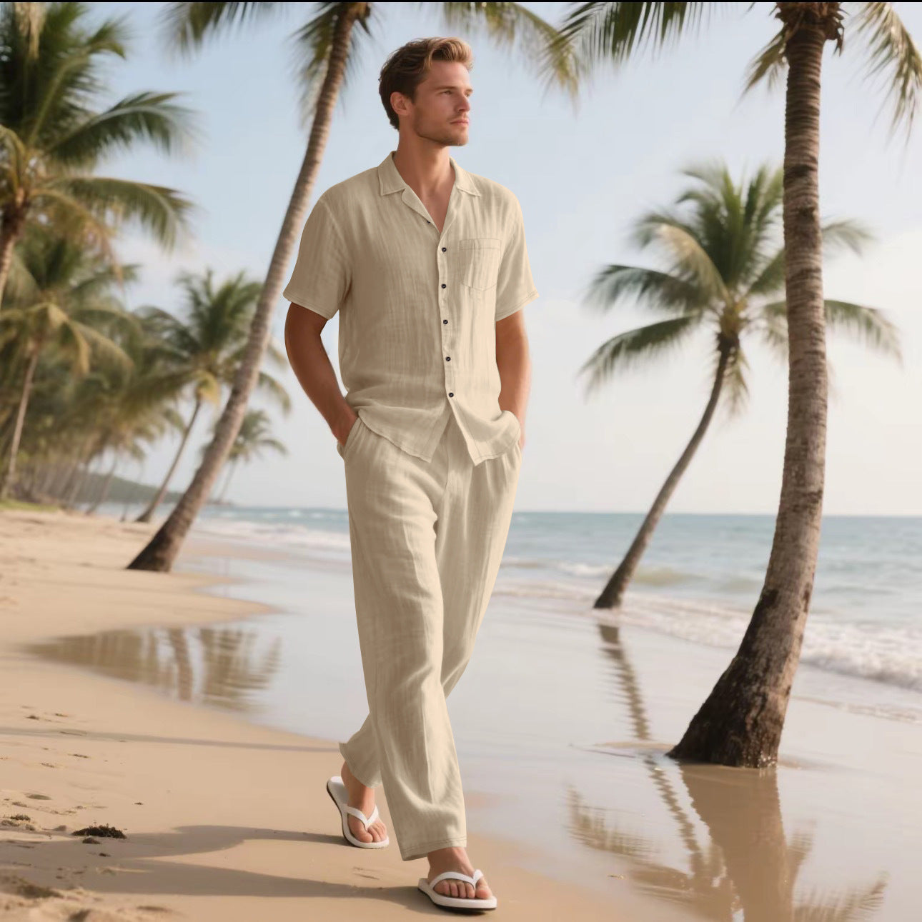 Casual And Comfortable Button Polo Short Sleeve Trousers Beach Suit - Top Sales💳💵