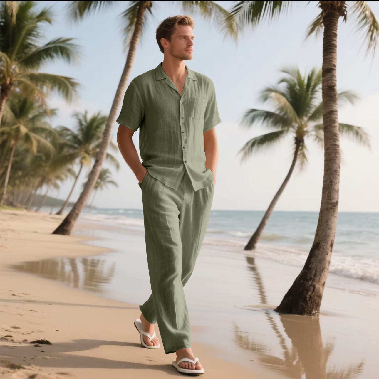 Casual And Comfortable Button Polo Short Sleeve Trousers Beach Suit - Top Sales💳💵