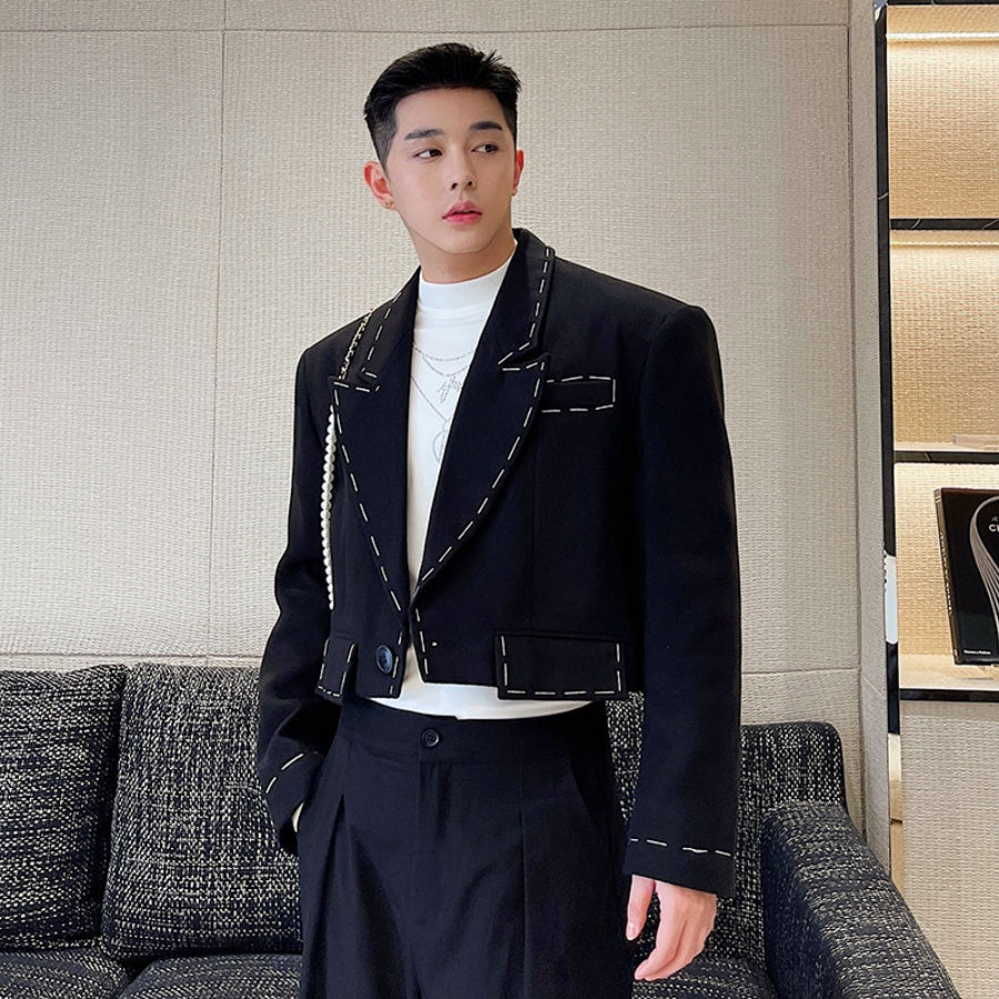 Men's Black Short Suit Jacket With Distinctive Hand-Stitched Detailing - Top Sales💳💵