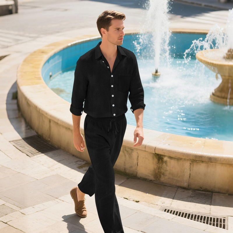 Linen Men's Casual Loose Breathable Long Sleeve Trousers Suit - Top Sales💳💵