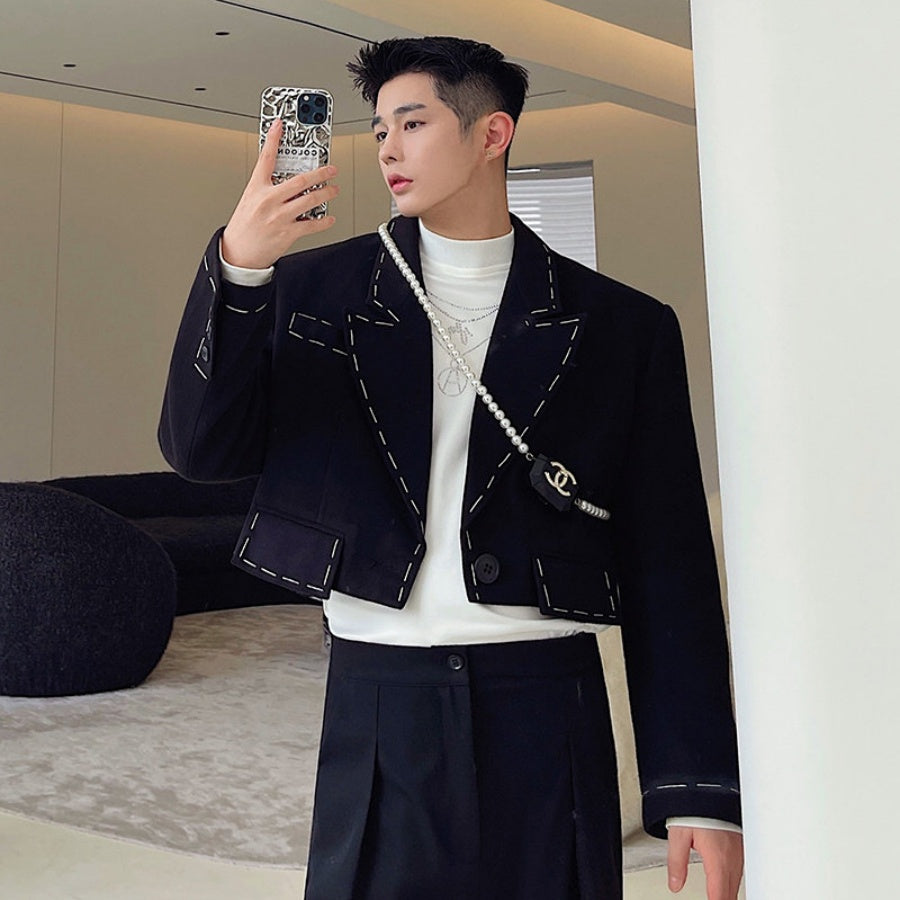 Men's Black Short Suit Jacket With Distinctive Hand-Stitched Detailing - Top Sales💳💵