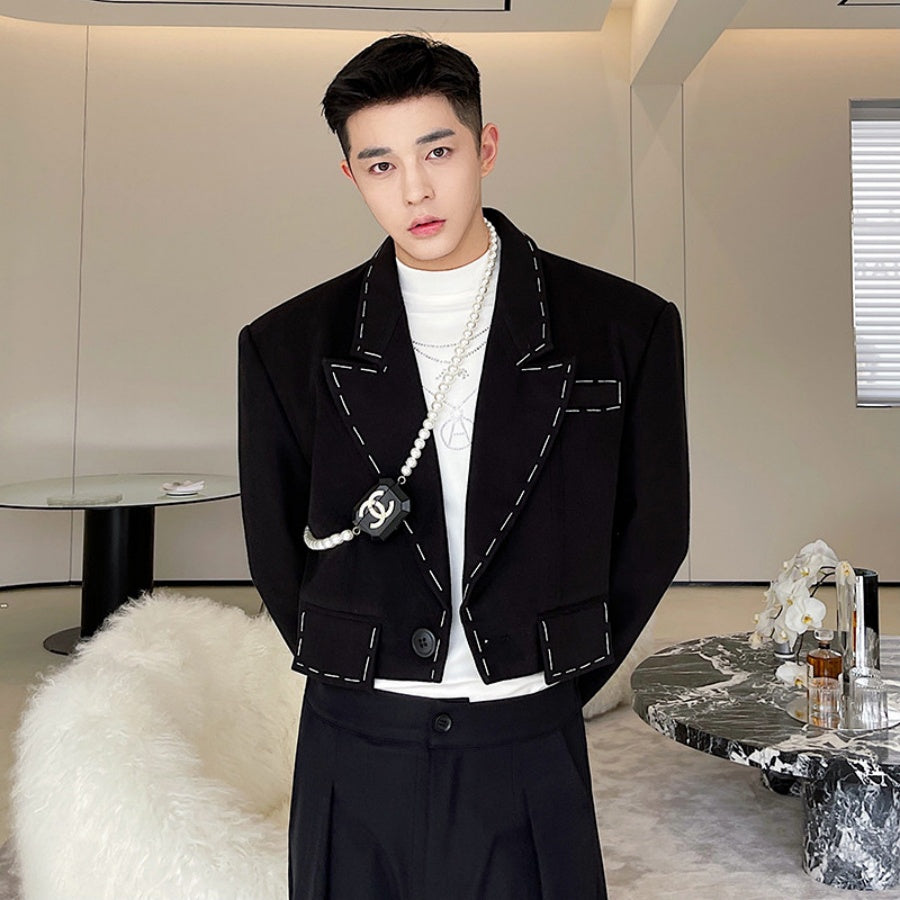 Men's Black Short Suit Jacket With Distinctive Hand-Stitched Detailing - Top Sales💳💵