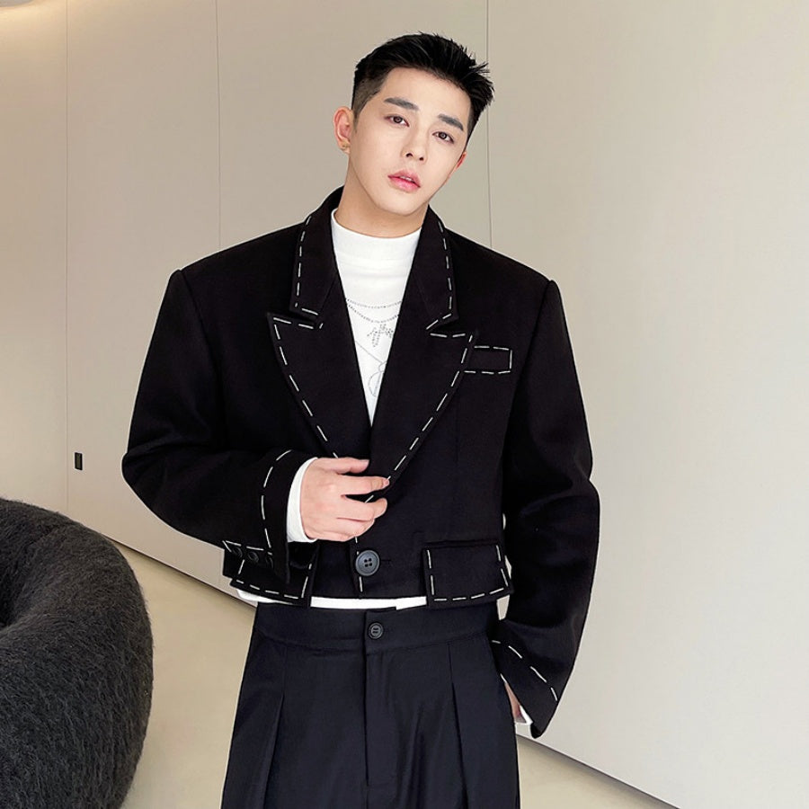 Men's Black Short Suit Jacket With Distinctive Hand-Stitched Detailing - Top Sales💳💵